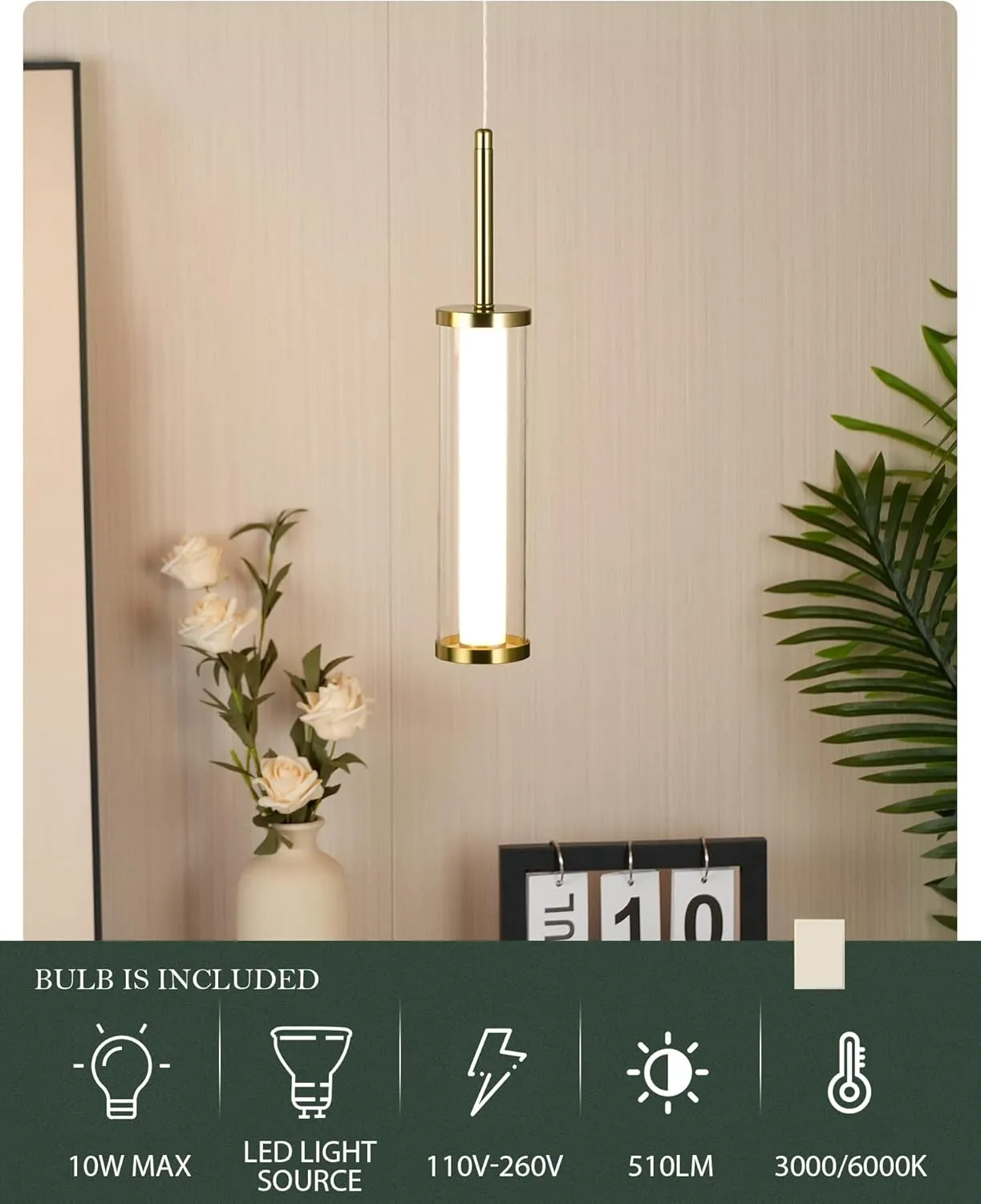 LED Glass Modern Pendant Lights, Polished Gold Cylinder Pendant Lights Kitchen Island, 10W 3000K/6000K Adjustable Hanging Light Fixture for Dining Room Bedroom Hallway Entryway, PL5570-1P-BB