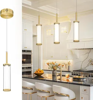 LED Glass Modern Pendant Lights, Polished Gold Cylinder Pendant Lights Kitchen Island, 10W 3000K/6000K Adjustable Hanging Light Fixture for Dining Room Bedroom Hallway Entryway, PL5570-1P-BB