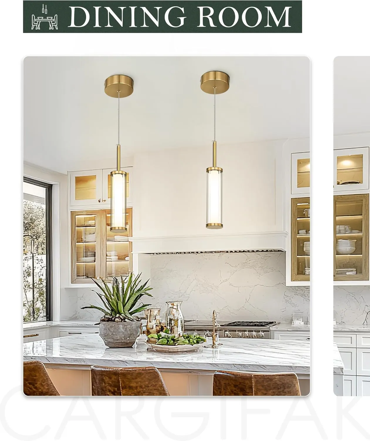 LED Glass Modern Pendant Lights, Polished Gold Cylinder Pendant Lights Kitchen Island, 10W 3000K/6000K Adjustable Hanging Light Fixture for Dining Room Bedroom Hallway Entryway, PL5570-1P-BB