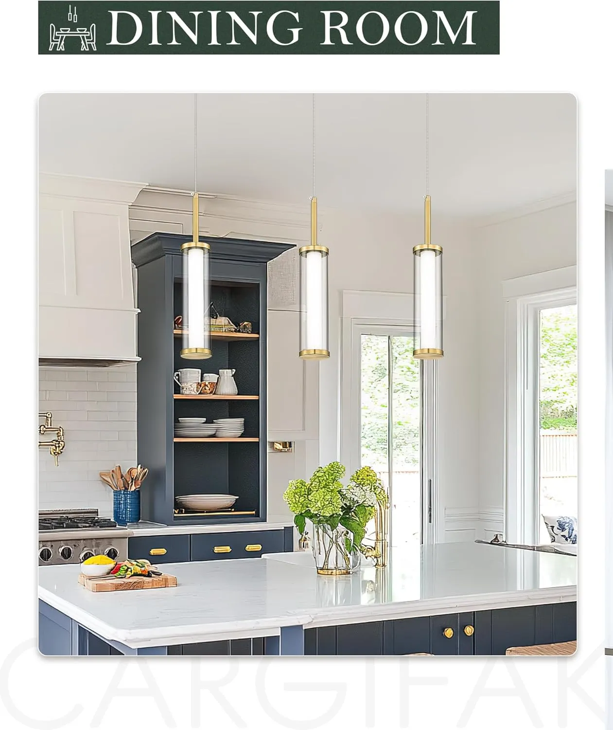 LED Glass Modern Pendant Lights, Polished Gold Cylinder Pendant Lights Kitchen Island, 10W 3000K/6000K Adjustable Hanging Light Fixture for Dining Room Bedroom Hallway Entryway, PL5570-1P-BB