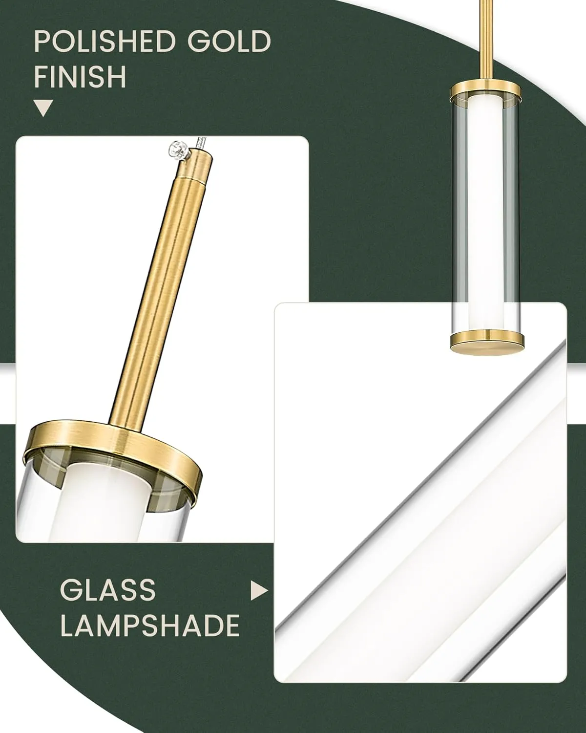 LED Glass Modern Pendant Lights, Polished Gold Cylinder Pendant Lights Kitchen Island, 10W 3000K/6000K Adjustable Hanging Light Fixture for Dining Room Bedroom Hallway Entryway, PL5570-1P-BB