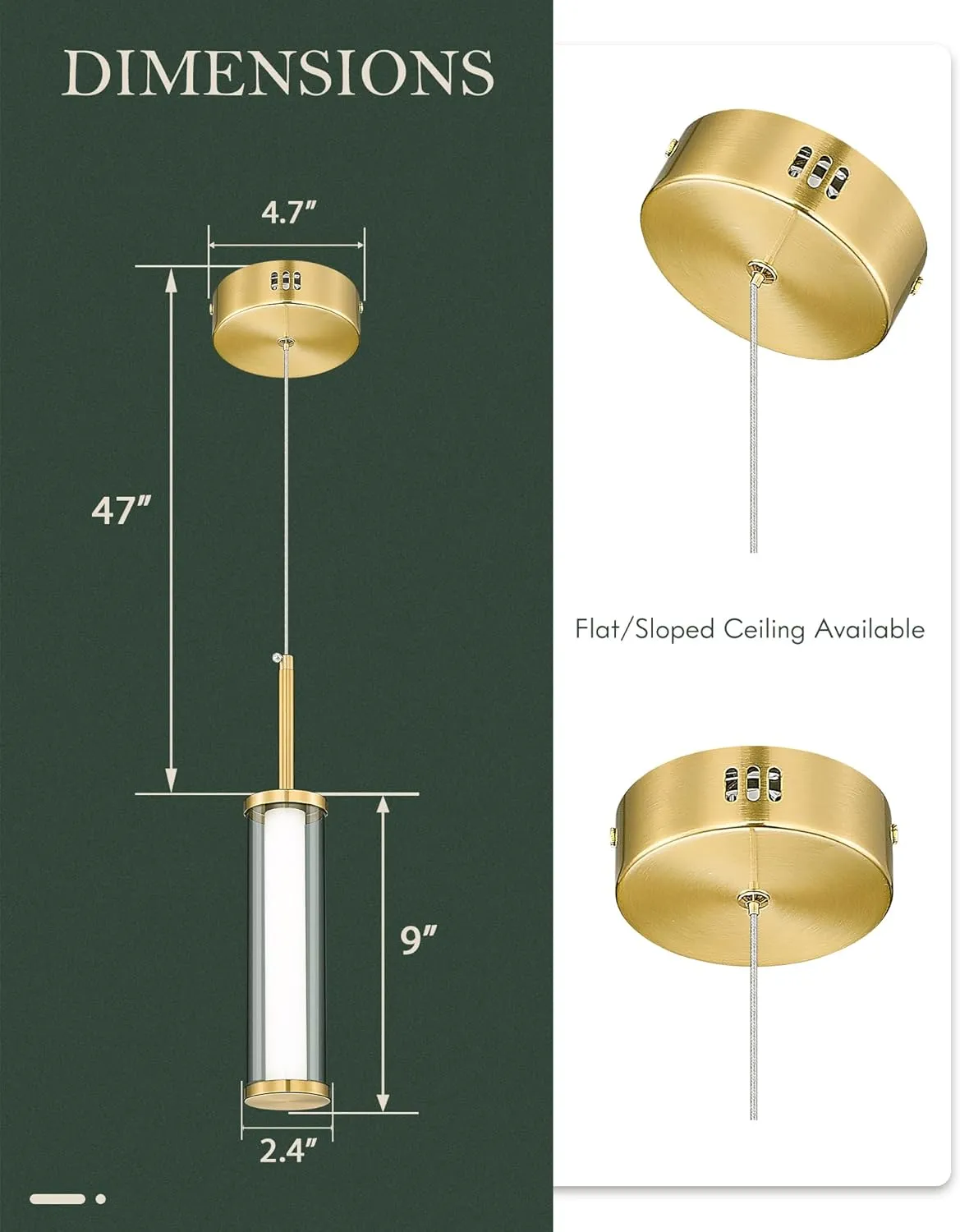 LED Glass Modern Pendant Lights, Polished Gold Cylinder Pendant Lights Kitchen Island, 10W 3000K/6000K Adjustable Hanging Light Fixture for Dining Room Bedroom Hallway Entryway, PL5570-1P-BB