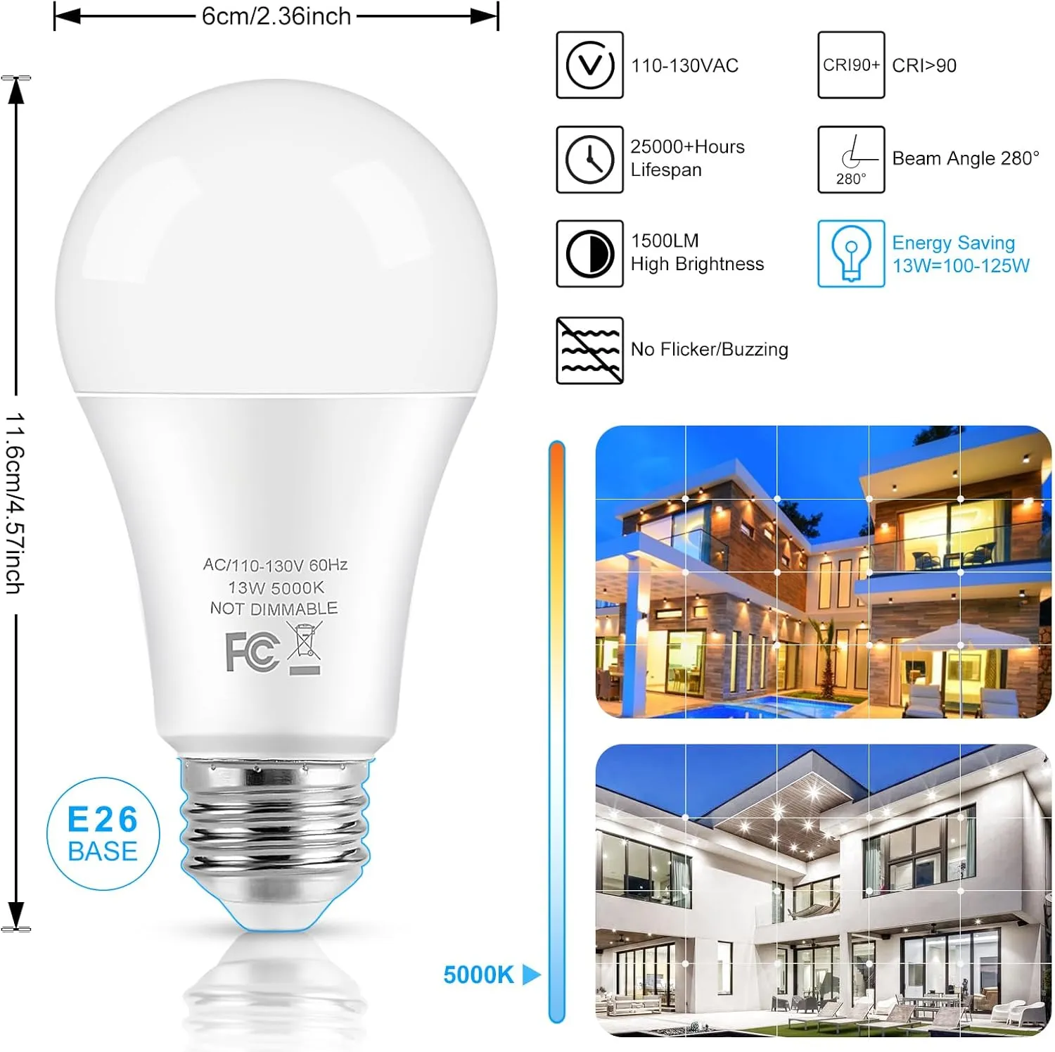 LED Light Bulbs, 100 Watt Equivalent A19 LED Bulbs, 13W 5000K Daylight White 1500 Lumens Non-Dimmable Bright E26 Edison Medium Screw Bulbs for Home Bedroom Kitchen Living Room Office Lamp, 10-Pack