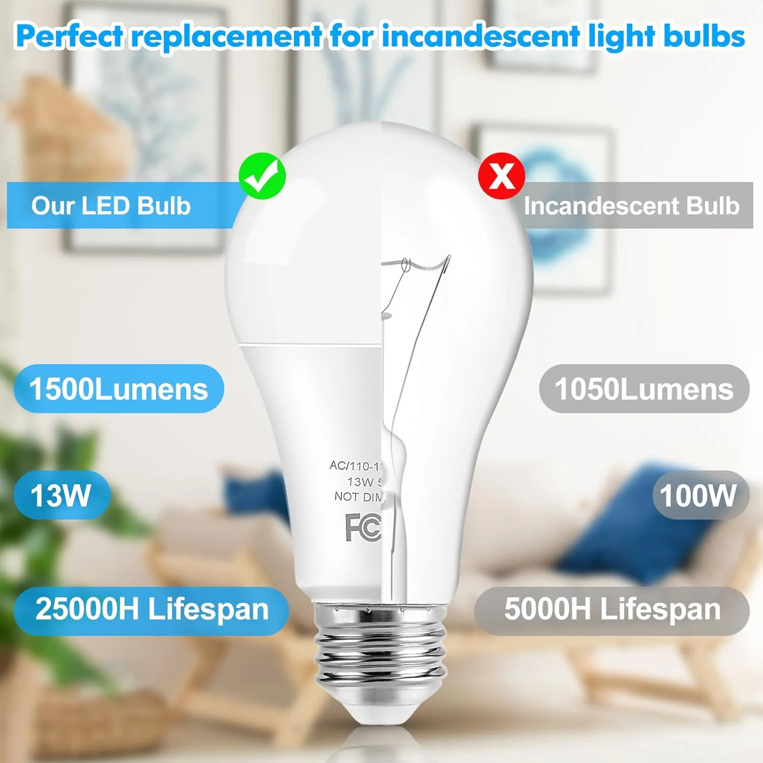 LED Light Bulbs, 100 Watt Equivalent A19 LED Bulbs, 13W 5000K Daylight White 1500 Lumens Non-Dimmable Bright E26 Edison Medium Screw Bulbs for Home Bedroom Kitchen Living Room Office Lamp, 10-Pack