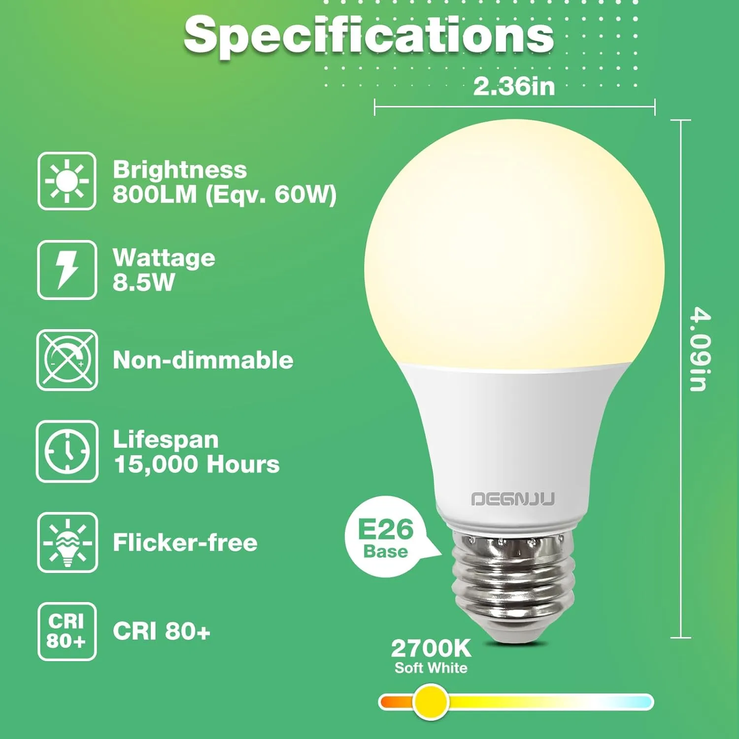 LED Light Bulbs Soft White 2700K, 60 Watt Equivalent LED Bulbs, A19 Standard Bulbs, 800 LM, 15000 Hours, E26 Base, Non-Dimmable, 8.5W White LED Bulbs for Bedroom Living Room, 12 Pack