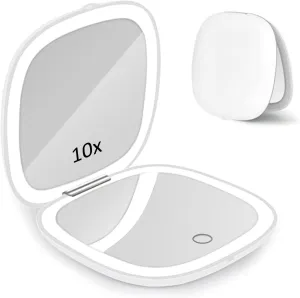 LED Light Travel Makeup Mirror 1X 10X Magnified Compact Mirror USB Charging Folding Mirror Touch Screen 3 Colors Brightness Adjustable Portable Mini Mirror for On The Go and Handbag