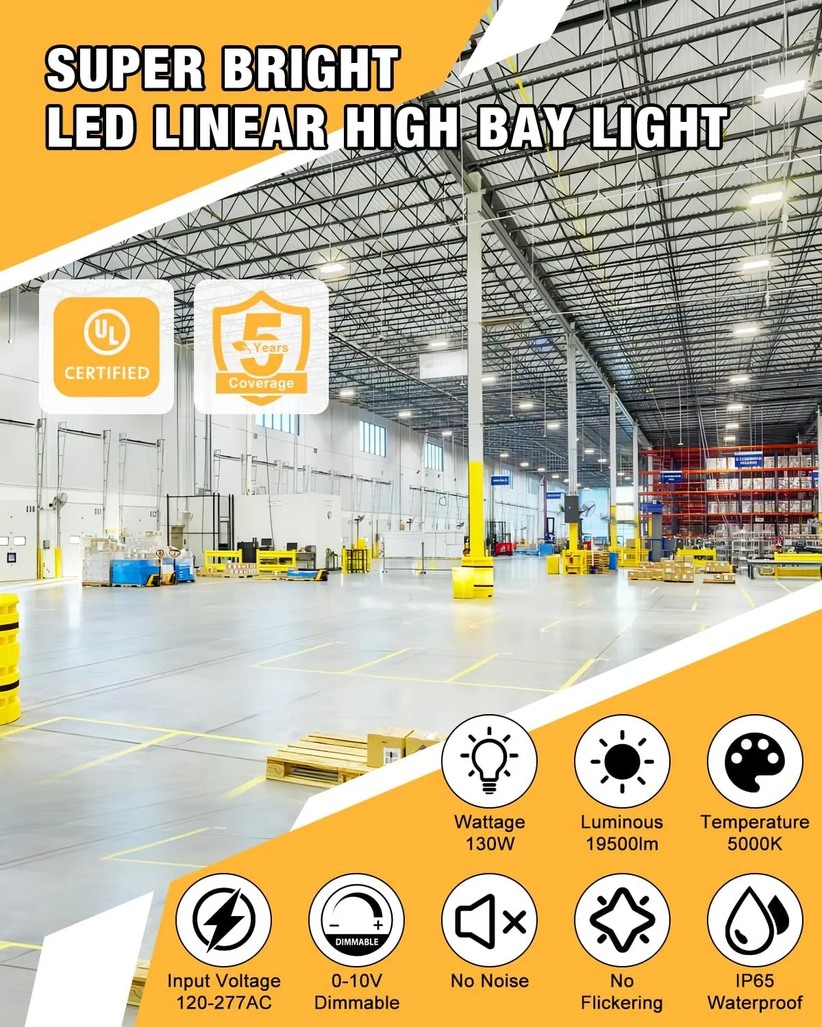 LED Linear High Bay Light, 130W 19500LM High Bay LED Shop Lights, 120-277V, 5000K, 0-10V Dimmable LED Shop Light, Linear High Bay Light for Warehouse Workshops, UL Complied, 4 Pack.