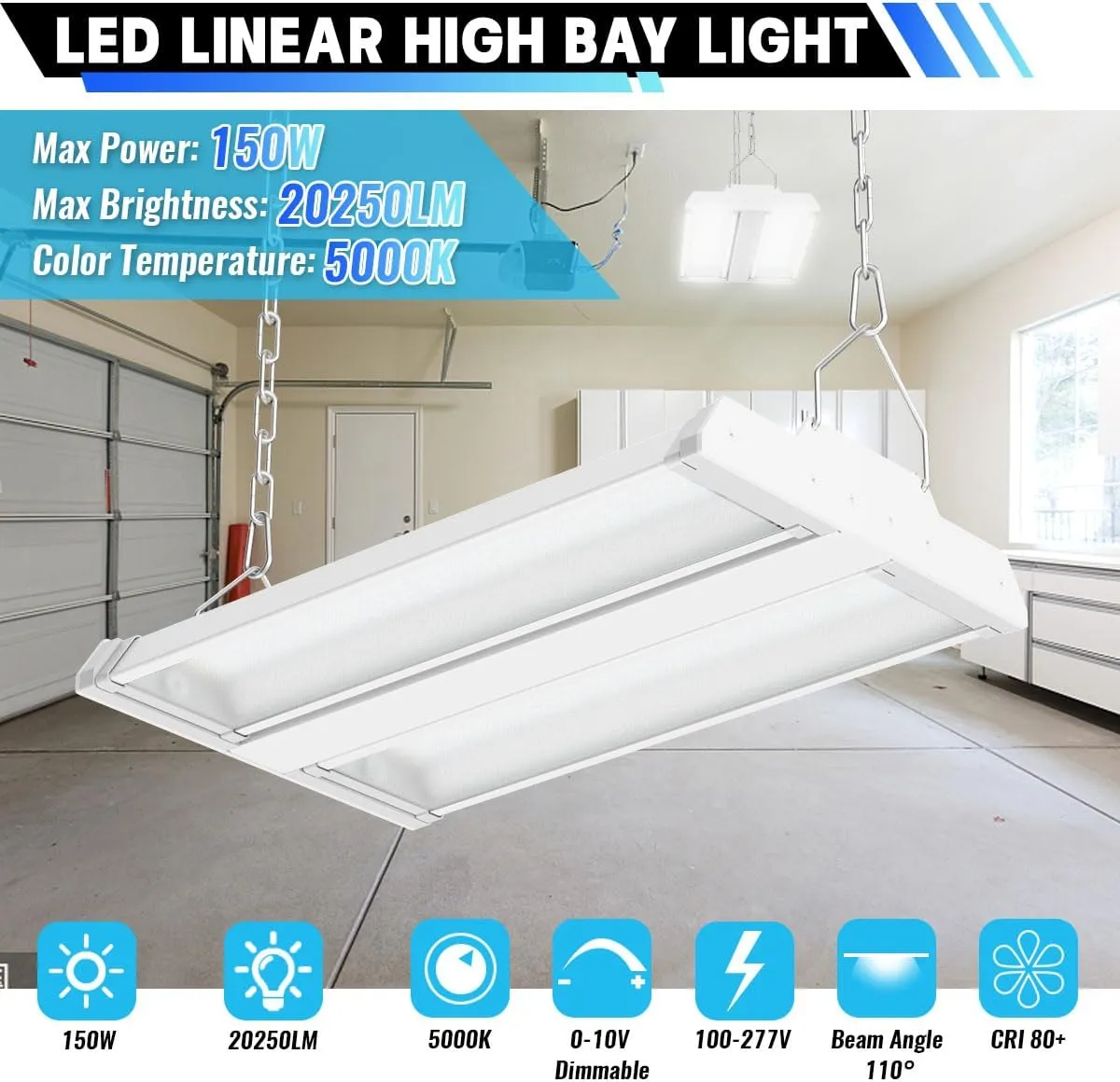 LED Linear High Bay Light 2-Pack, 150W 20250LM 0-10V Dimmable 5000K Daylight, Adjustable Tilt Hanging LED High Bay Shop Lighting Fixtures for Garage Warehouse Workshop, ETL