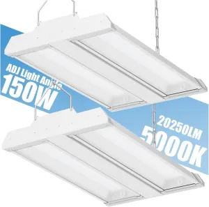 LED Linear High Bay Light 2-Pack, 150W 20250LM 0-10V Dimmable 5000K Daylight, Adjustable Tilt Hanging LED High Bay Shop Lighting Fixtures for Garage Warehouse Workshop, ETL