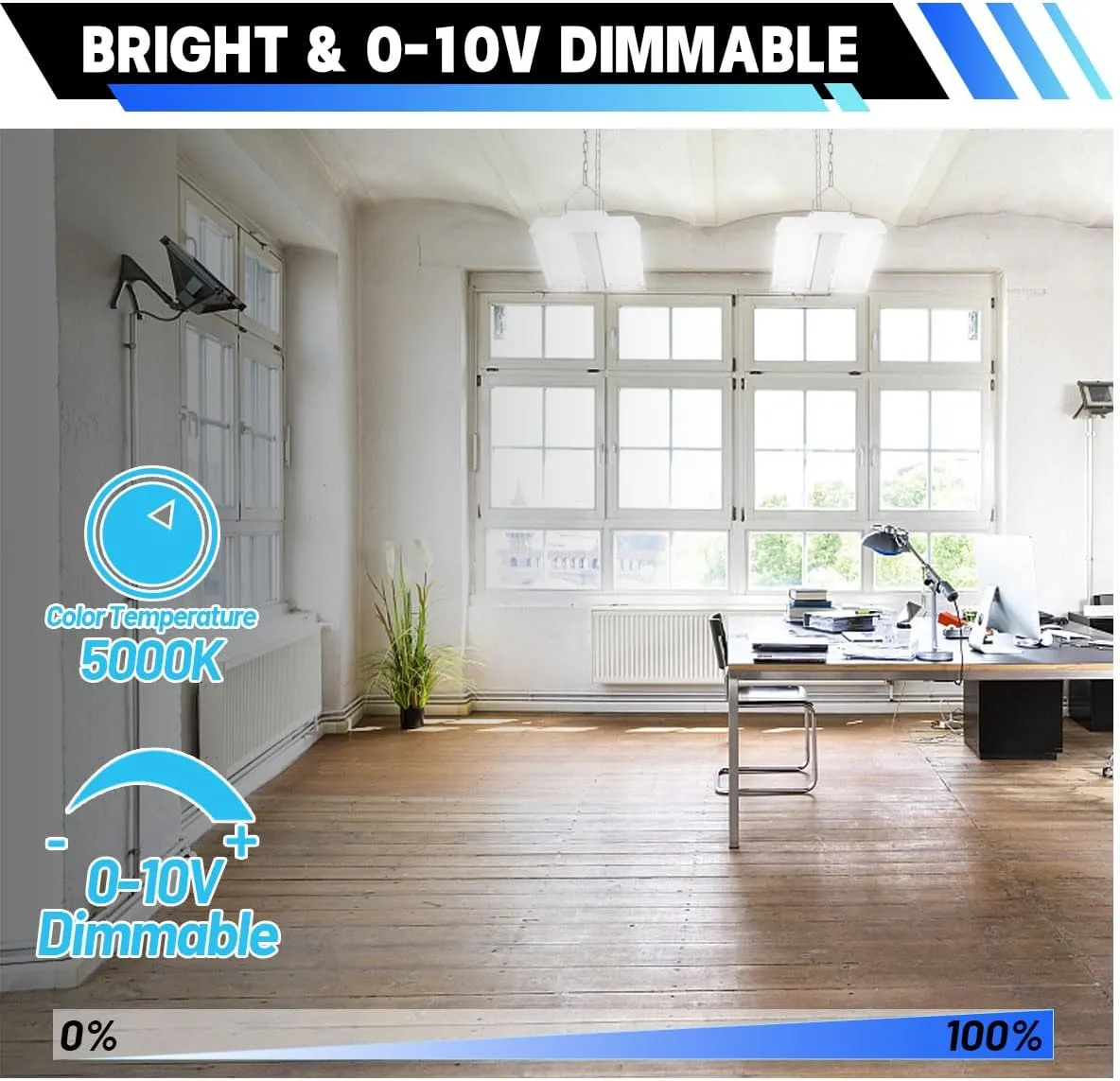 LED Linear High Bay Light 2-Pack, 150W 20250LM 0-10V Dimmable 5000K Daylight, Adjustable Tilt Hanging LED High Bay Shop Lighting Fixtures for Garage Warehouse Workshop, ETL
