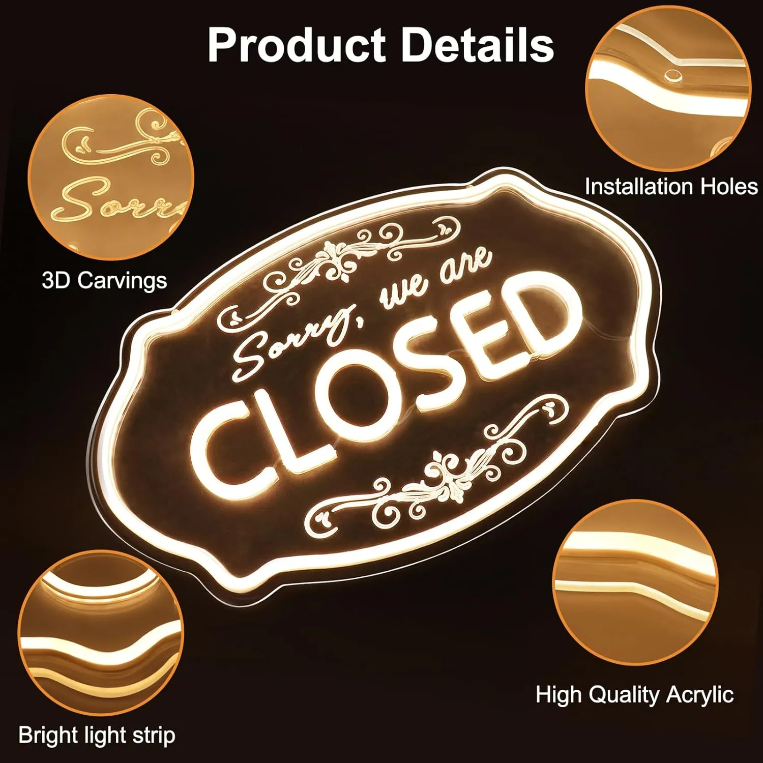 LED Neon Closed Sign for Business, 16.5x10'' Sorry We’re Closed Signs, Warm White Adjustable Brightness Neon Lights for Party Bar Salon Stores Hotel Wall Decor Clubs office Hotels