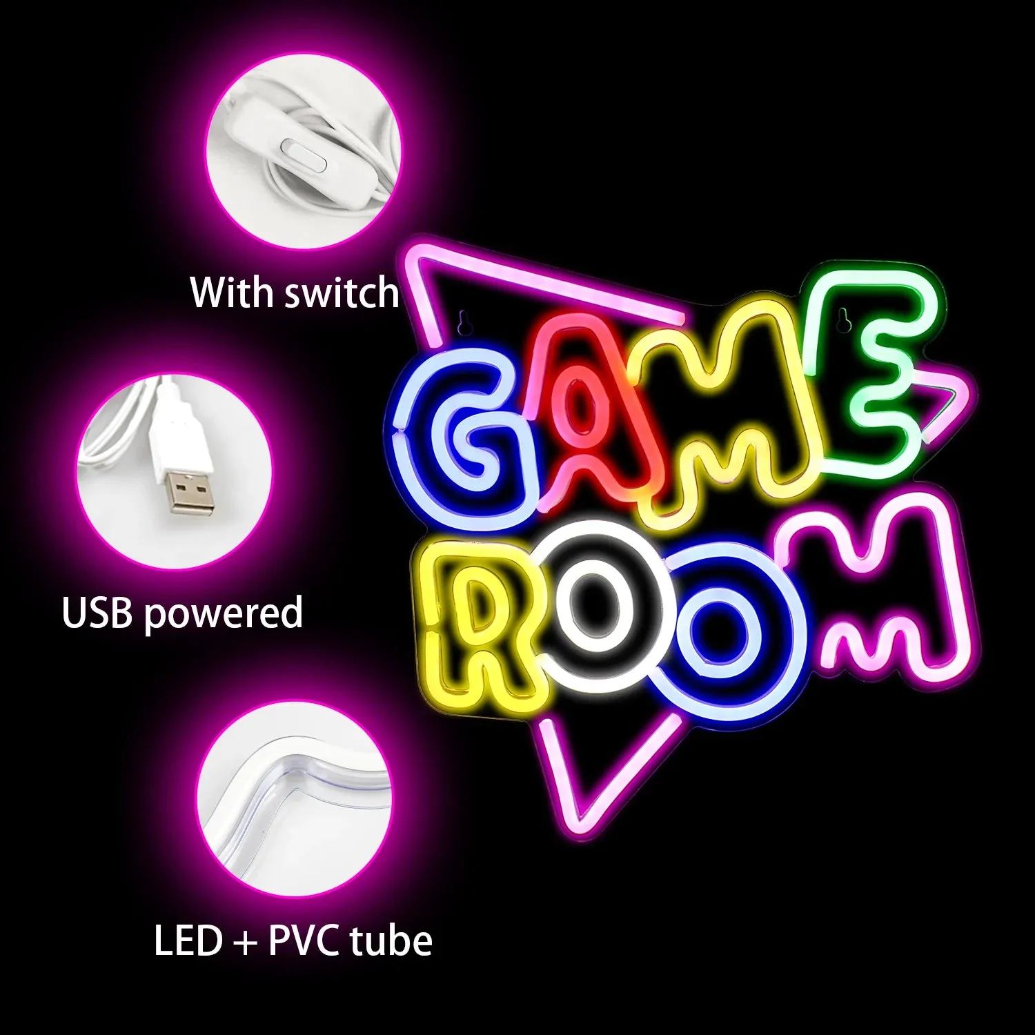 LED Neon Light Game Room Decor, Game Console Zone Hanging Night Lamp for Bedroom, Party, or Holiday Gift with USB Power