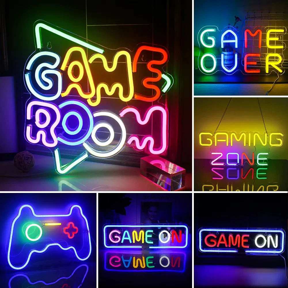 LED Neon Light Game Room Decor, Game Console Zone Hanging Night Lamp for Bedroom, Party, or Holiday Gift with USB Power