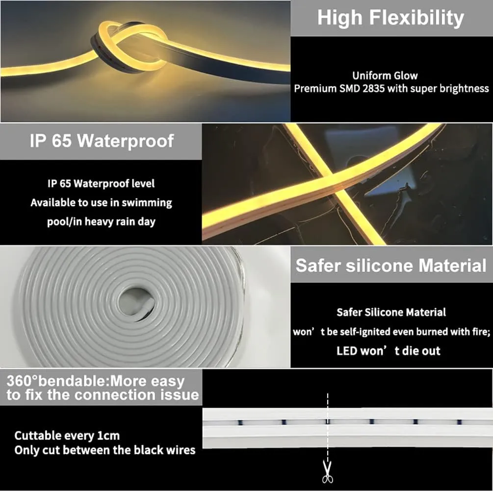 LED-Neon-Strip Light Neon Flex Light Silicone LED Strip Lighting 16.4ft 12V, Cut 1cm for Outdoor DYI Signage Decoration (Power Adapter not Included) (Warm White)