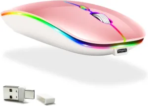 LED Rechargeable Bluetooth Mouse (BT5.2 Type-C USB2.4G) for MacBook, iPad & Laptops - Wireless, LED, Pink