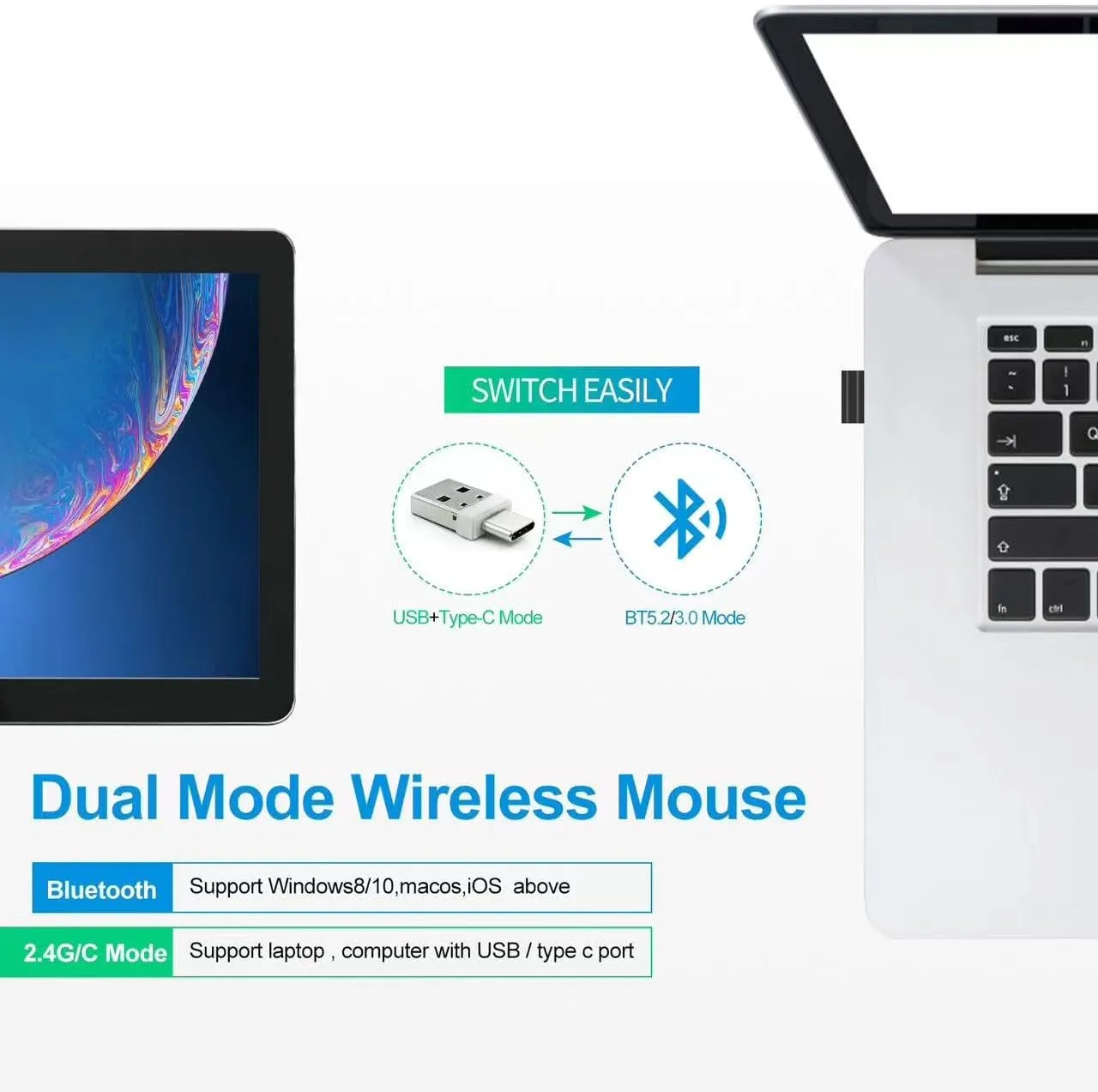 LED Rechargeable Bluetooth Mouse (BT5.2 Type-C USB2.4G) for MacBook, iPad & Laptops - Wireless, LED, Pink