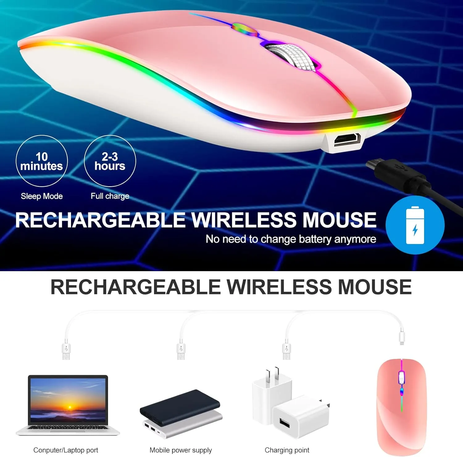 LED Rechargeable Bluetooth Mouse (BT5.2 Type-C USB2.4G) for MacBook, iPad & Laptops - Wireless, LED, Pink