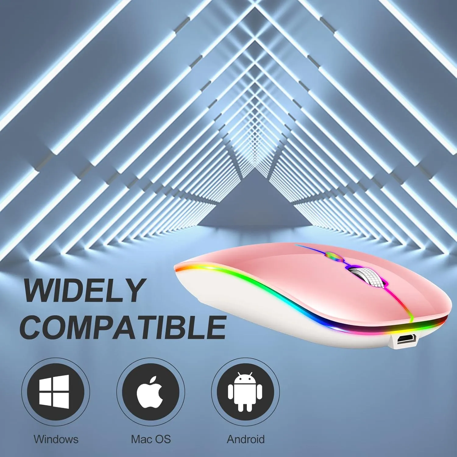 LED Rechargeable Bluetooth Mouse (BT5.2 Type-C USB2.4G) for MacBook, iPad & Laptops - Wireless, LED, Pink
