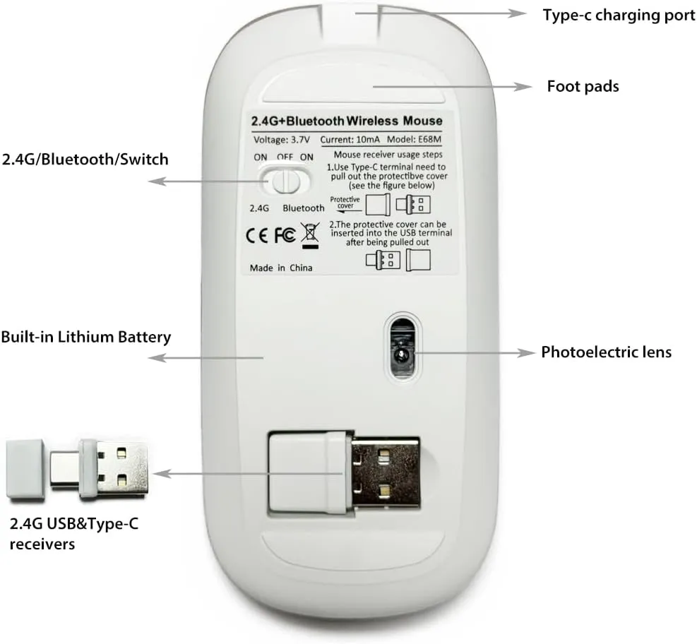 LED Rechargeable Bluetooth Mouse (BT5.2 Type-C USB2.4G) for MacBook, iPad & Laptops - Wireless, LED, Pink