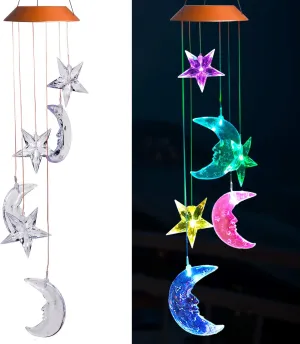 LED Solar Moon and Star Wind Chimes Outdoor - Waterproof Solar Mobile Romantic Changing Color Stars and Moon Wind Chimes Light Decor for Home, Gifts For Mom, Balcony, Festival, Night Garden Decoration