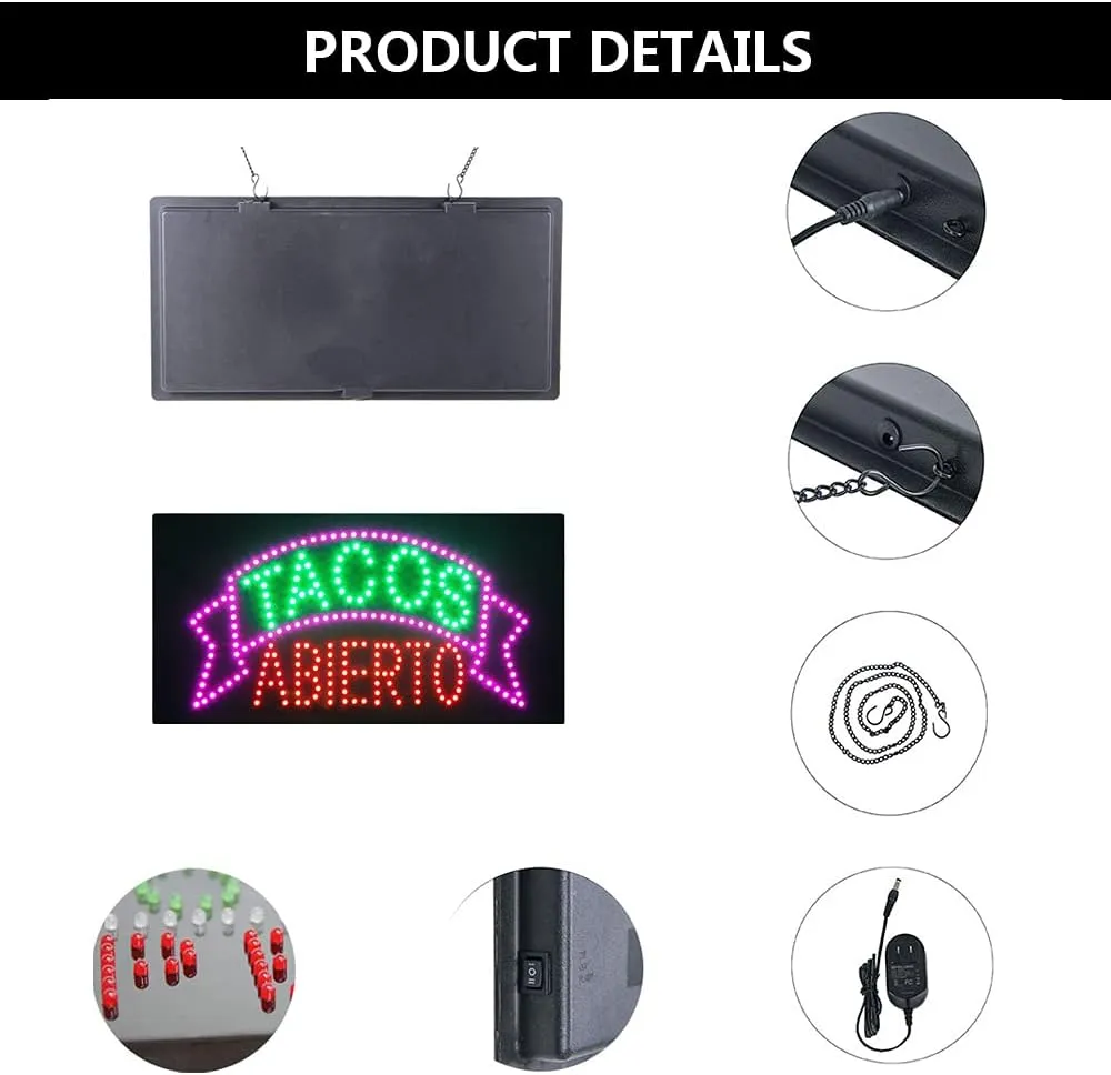 LED Taco Sign for Business, Super Bright LED Taco Light for Mexican Restaurant Decor, LED Open Sign for Food Business, Electric Advertising Display Sign for Business. (Tacos Abierto)