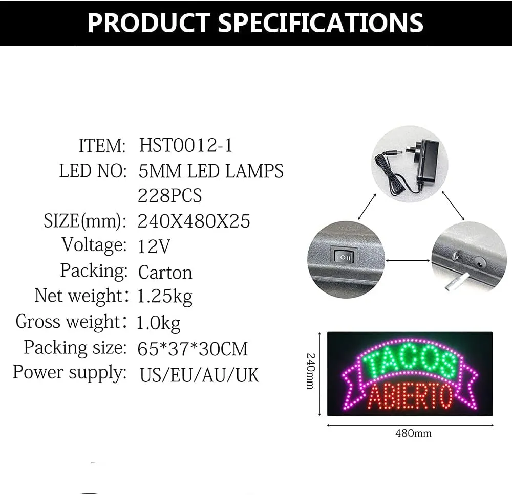 LED Taco Sign for Business, Super Bright LED Taco Light for Mexican Restaurant Decor, LED Open Sign for Food Business, Electric Advertising Display Sign for Business. (Tacos Abierto)