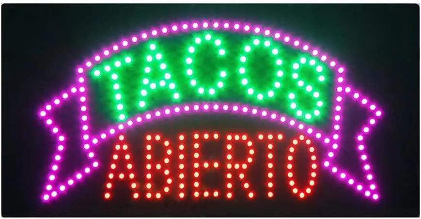 LED Taco Sign for Business, Super Bright LED Taco Light for Mexican Restaurant Decor, LED Open Sign for Food Business, Electric Advertising Display Sign for Business. (Tacos Abierto)