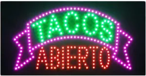 LED Taco Sign for Business, Super Bright LED Taco Light for Mexican Restaurant Decor, LED Open Sign for Food Business, Electric Advertising Display Sign for Business. (Tacos Abierto)