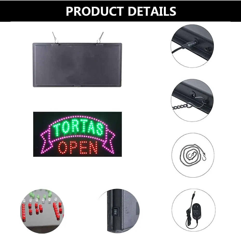 LED Taco Sign for Business, Super Bright LED Taco Light for Mexican Restaurant Decor, LED Open Sign for Food Business, Electric Advertising Display Sign for Business. (Tortas Open)