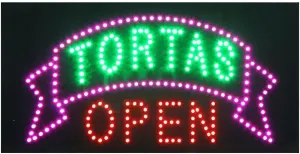 LED Taco Sign for Business, Super Bright LED Taco Light for Mexican Restaurant Decor, LED Open Sign for Food Business, Electric Advertising Display Sign for Business. (Tortas Open)