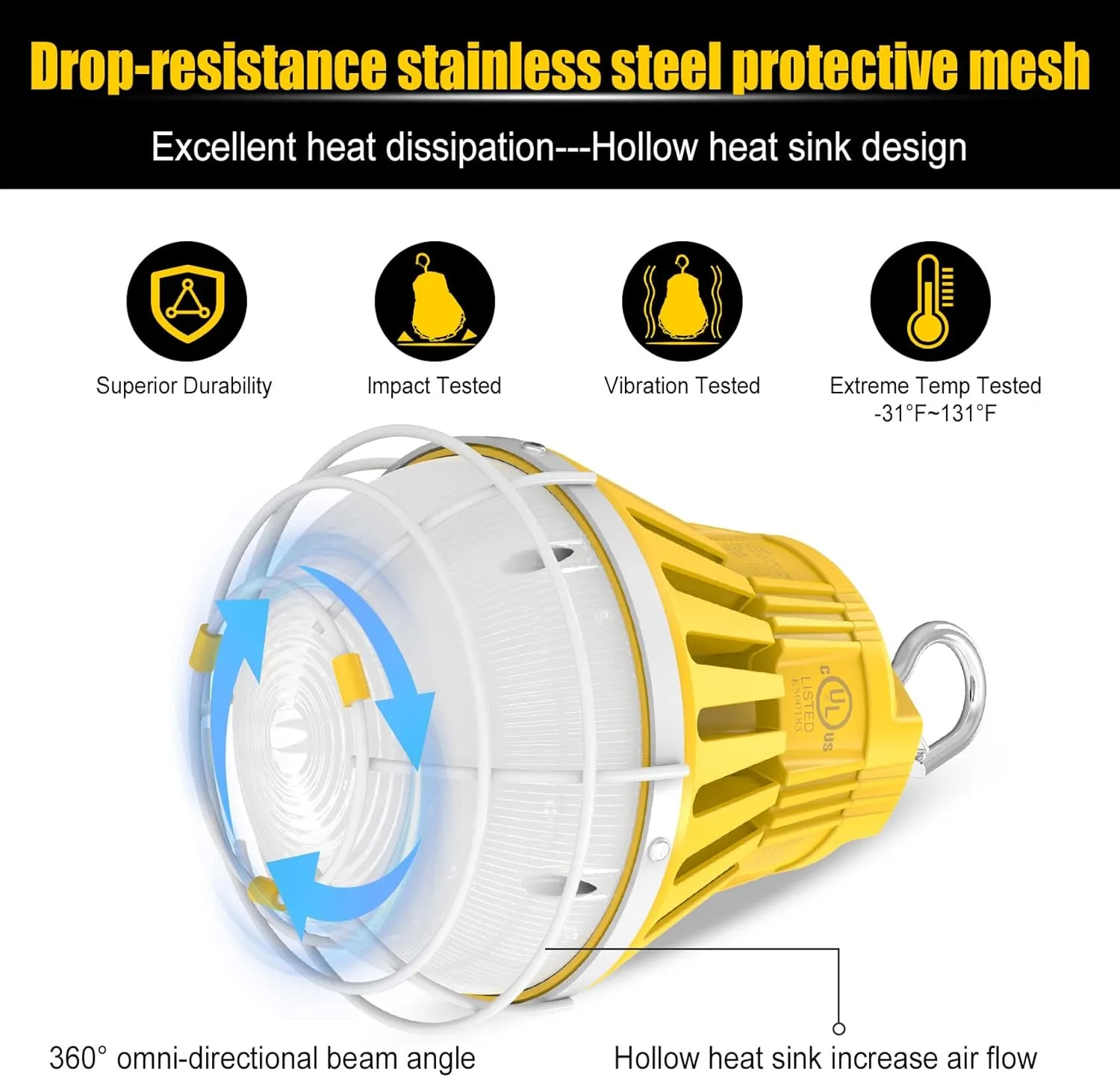 LED Temporary Work Light 5000K Portable Hanging Construction Lights, 10' Cable with ON/Off Switch Linkable LED Work Light for Job Site Warehouse Garage Shop Area Lighting (60W)