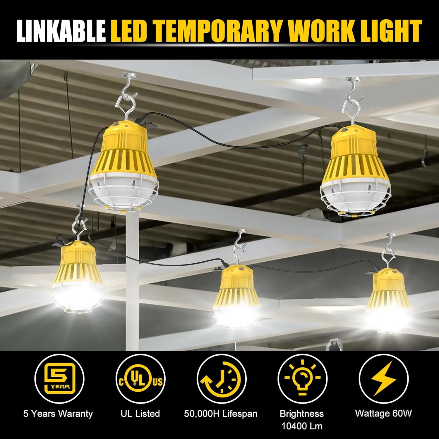 LED Temporary Work Light 5000K Portable Hanging Construction Lights, 10' Cable with ON/Off Switch Linkable LED Work Light for Job Site Warehouse Garage Shop Area Lighting (60W)