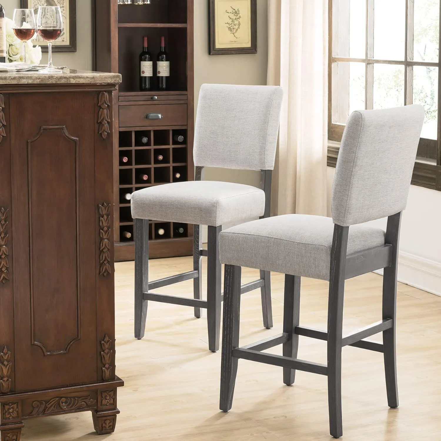 Leick Home Brax Counter Height Stool with Upholstered Back and Wood Base – Set of 4 for Elevated Kitchen Counters, High Top Tables, and Bars – Modern Chairs in Blackbean and Heather Gray, 214932