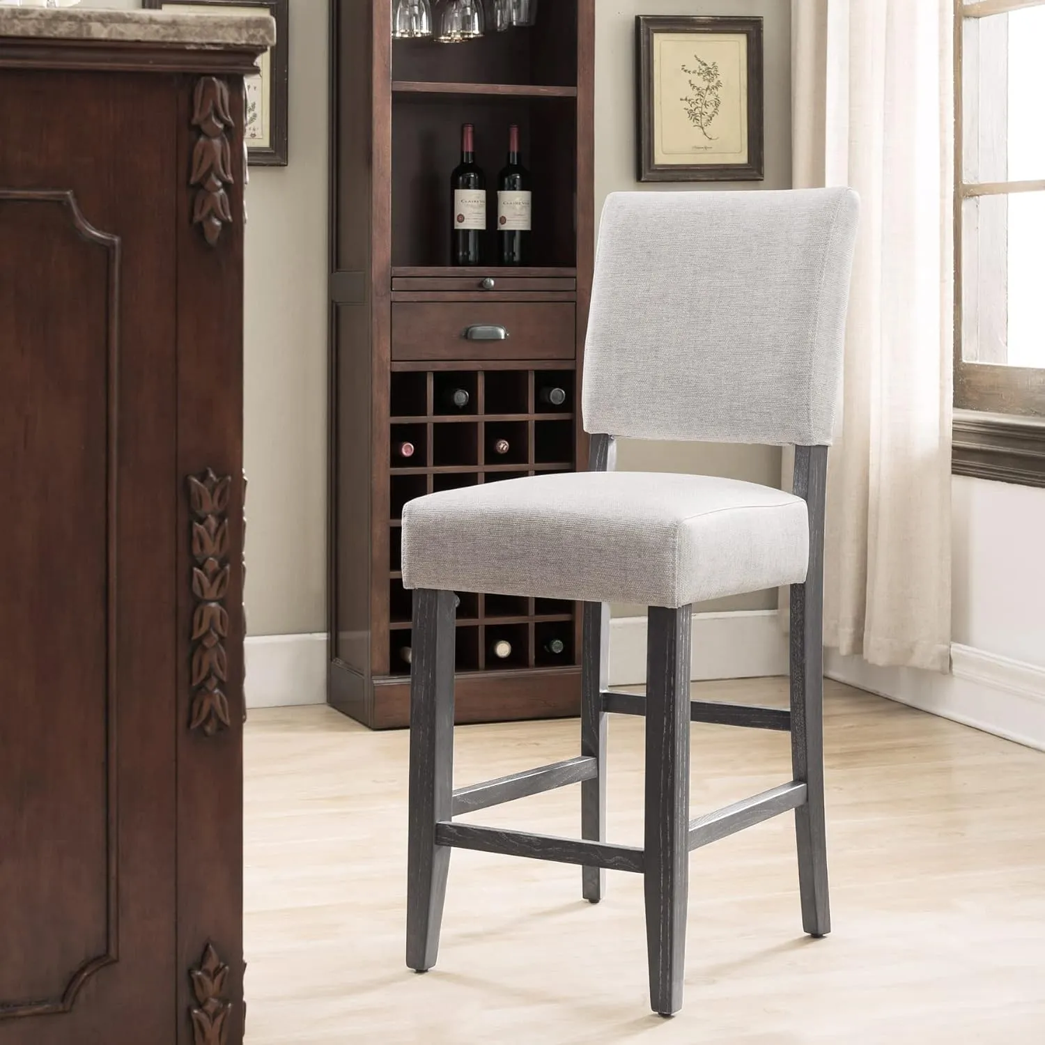 Leick Home Brax Counter Height Stool with Upholstered Back and Wood Base – Set of 4 for Elevated Kitchen Counters, High Top Tables, and Bars – Modern Chairs in Blackbean and Heather Gray, 214932