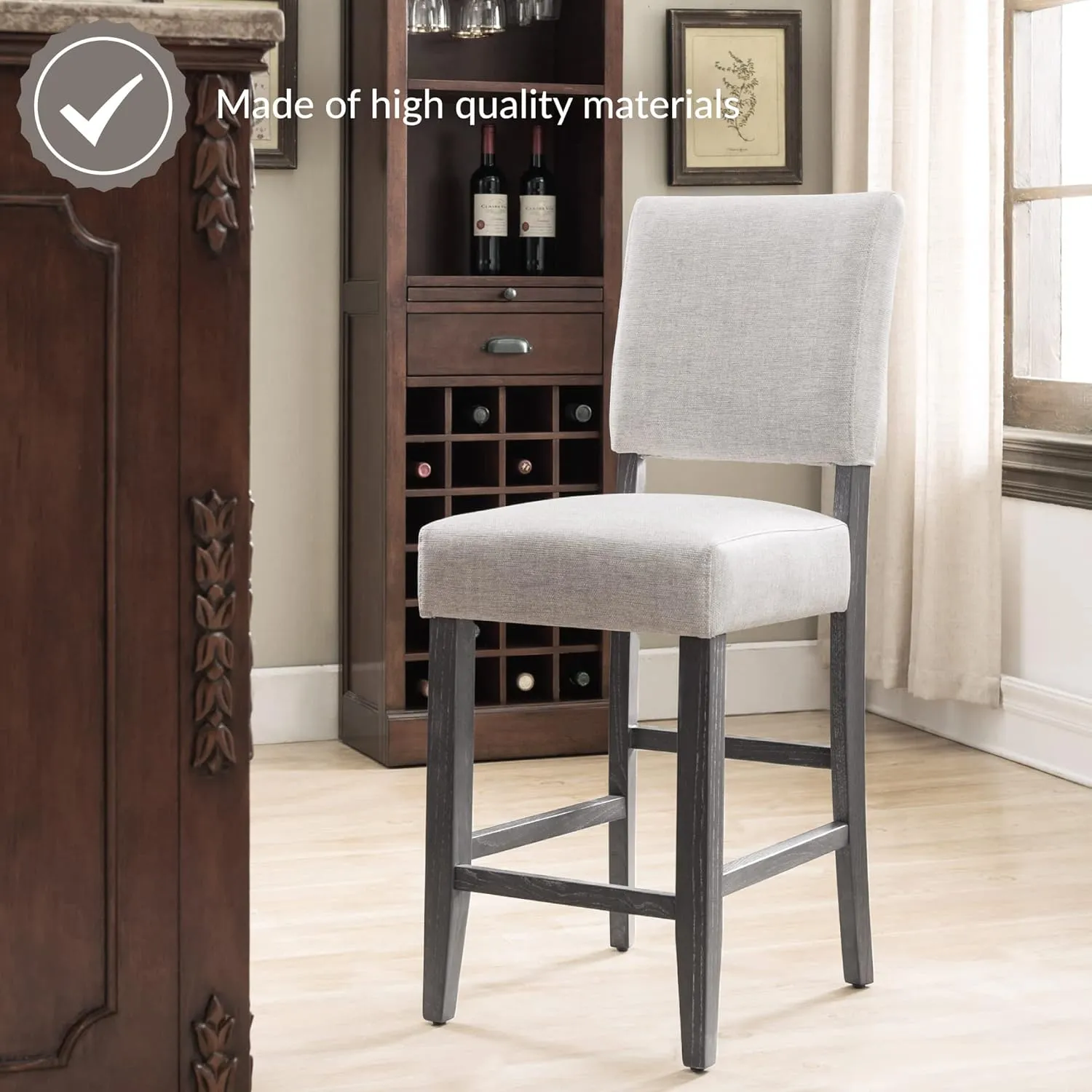 Leick Home Brax Counter Height Stool with Upholstered Back and Wood Base – Set of 4 for Elevated Kitchen Counters, High Top Tables, and Bars – Modern Chairs in Blackbean and Heather Gray, 214932