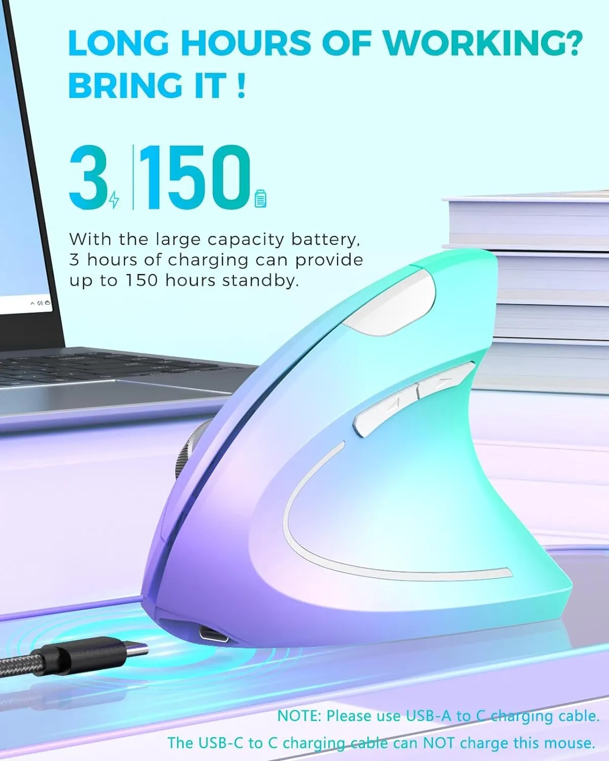 Lekvey Ergonomic Mouse, Vertical Wireless Mouse, Rechargeable 2.4G Optical Carpal Tunnel Mice: 800/1200 / 1600 DPI, 6 Buttons, for Laptop, PC, Computer, Desktop, Notebook etc, Green Purple