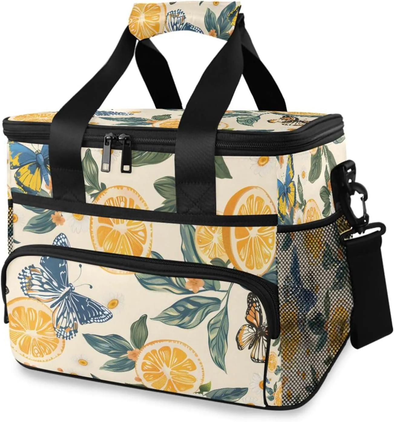 Lemons Butterflies Diasy Leaves Cooler Bag Insulated Cooler Soft Sided Cooler 24 Can Portable Picnic Bag Large Leakproof Lunch Bag Box for Beach Grocery Camping Travel Car Men Women