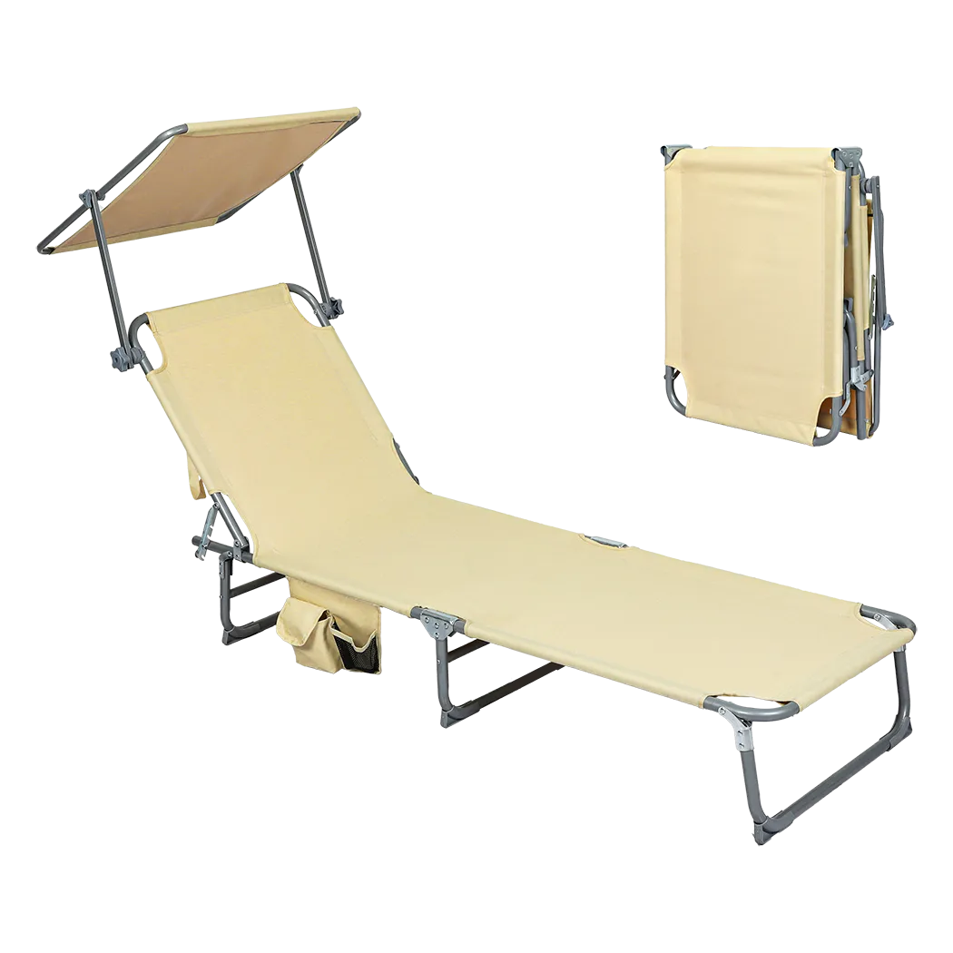 Levede Foldable Lounge Chairs with Canopy Khaki-TAS_Rural