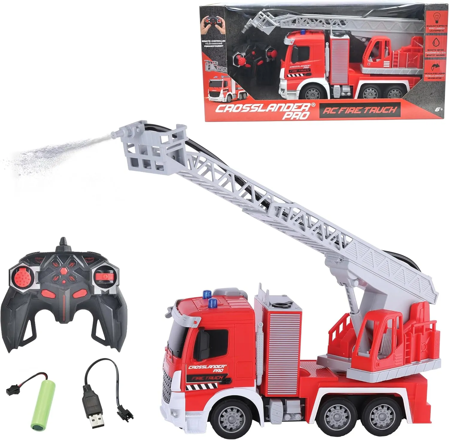 LEXiBOOK Crosslander® pro, RC Fire Truck, Remote Controlled fire Truck, Light Effects, Water Spray, Electronic Rotating Ladder, Rechargeable, RCP20
