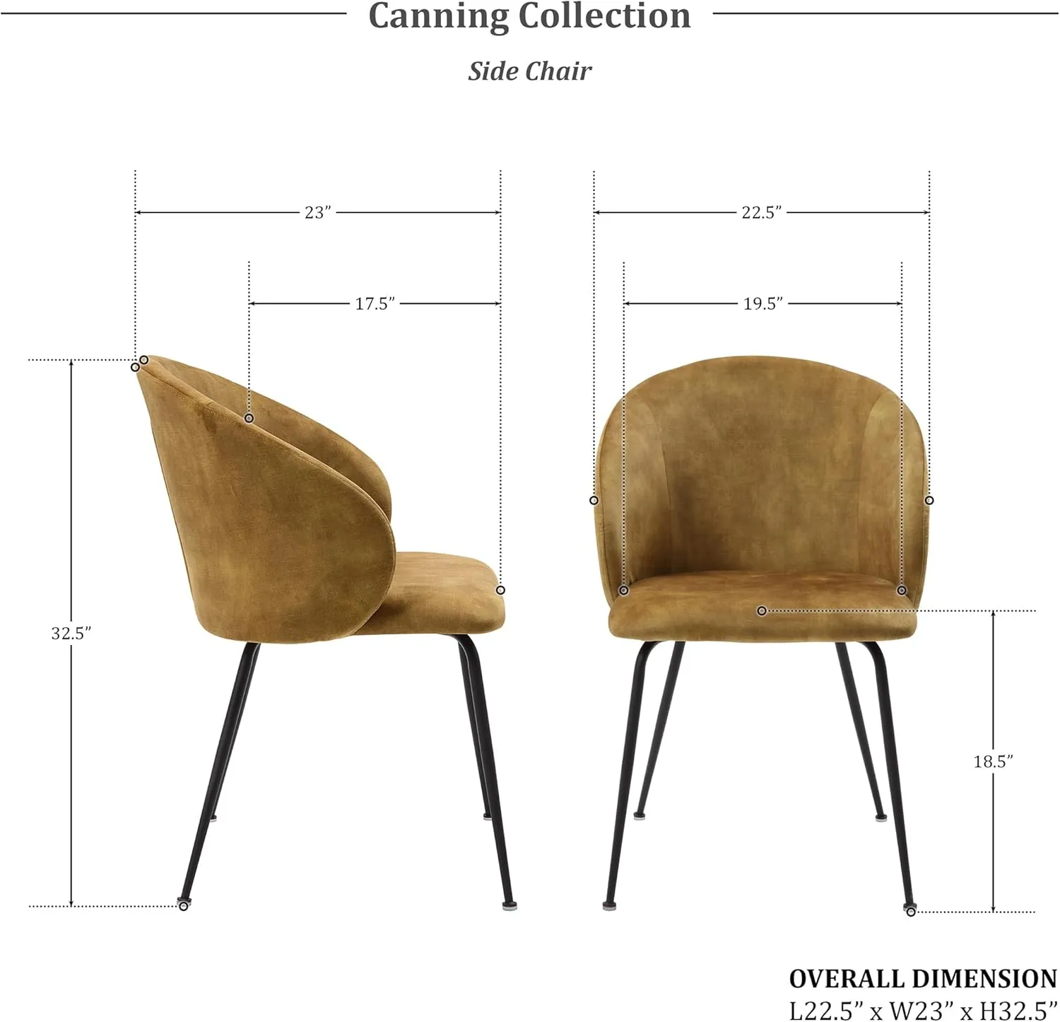 Lexicon Velvet Fabric Upholstered Dining Chairs, Armless Metal Legs Kitchen & Dining Room Chairs, Easy to Assemble Dining Chair, Modern Chair Round Back, Dining Chairs Set of 2, Mustard/Black