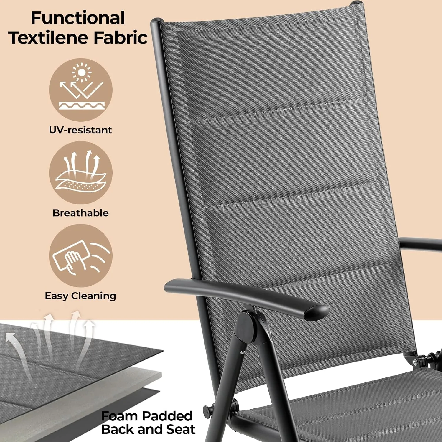 LIFERUN Folding Patio Chairs Set of 2, Outdoor Dinning Chairs with Anti-Rust Aluminum Frame and Foam-Padded Textilene Fabric, Weatherproof, No-Assembly, Portable Chairs for Garden, Yard & Balcony