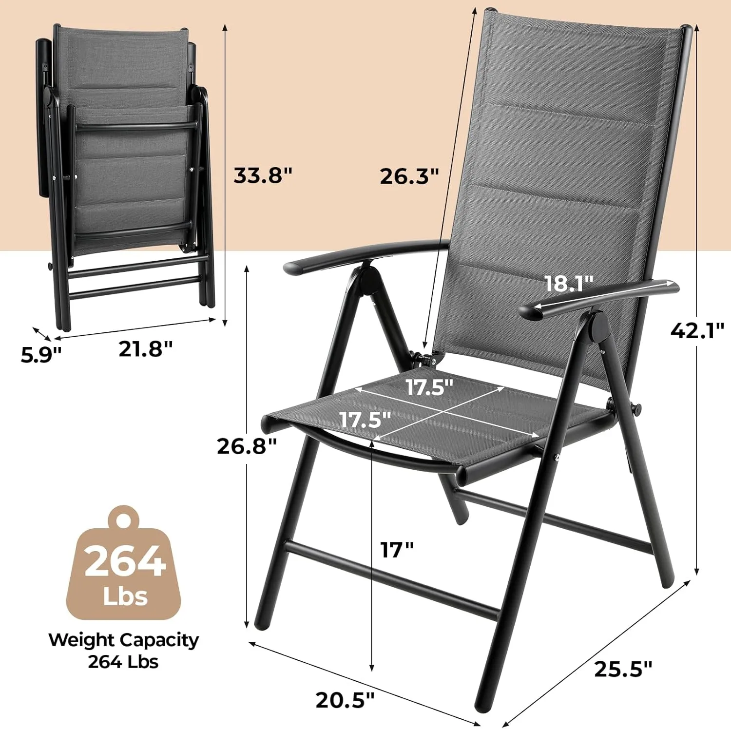 LIFERUN Folding Patio Chairs Set of 2, Outdoor Dinning Chairs with Anti-Rust Aluminum Frame and Foam-Padded Textilene Fabric, Weatherproof, No-Assembly, Portable Chairs for Garden, Yard & Balcony