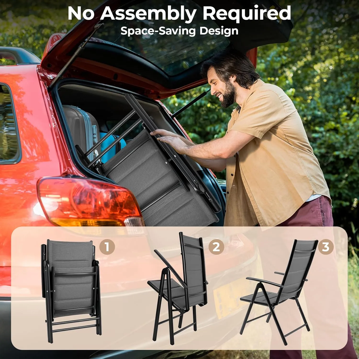 LIFERUN Folding Patio Chairs Set of 2, Outdoor Dinning Chairs with Anti-Rust Aluminum Frame and Foam-Padded Textilene Fabric, Weatherproof, No-Assembly, Portable Chairs for Garden, Yard & Balcony