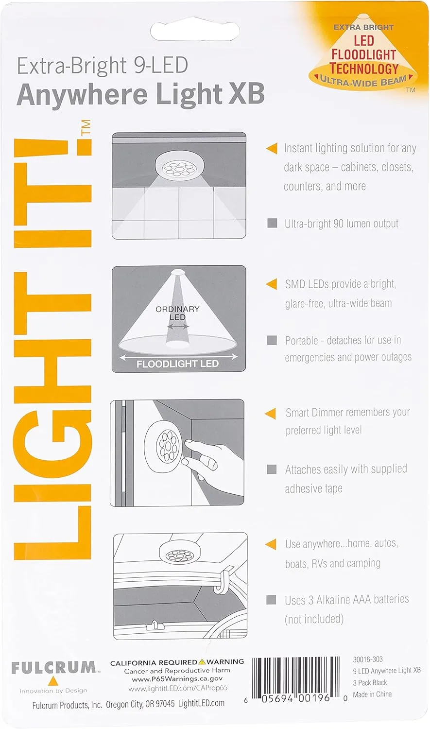 LIGHT IT! by Fulcrum, 30016-303 9-LED Anywhere Light XB, Black, 3 Pack