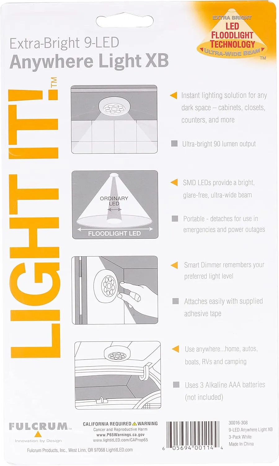 LIGHT IT! By Fulcrum, 30016-308 9-LED Anywhere Light XB, White, 3 pack