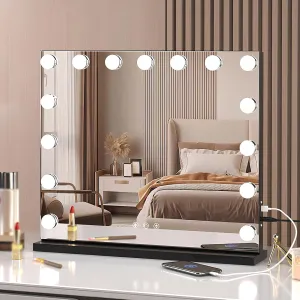 Lighted Makeup Mirror Wall Mounted Vanity Mirror with 15 Lights Hollywood Cosmetic Mirror with USB Socket for Dressing Table/Bedroom(Black,52x60cm(20.5x23.6in))