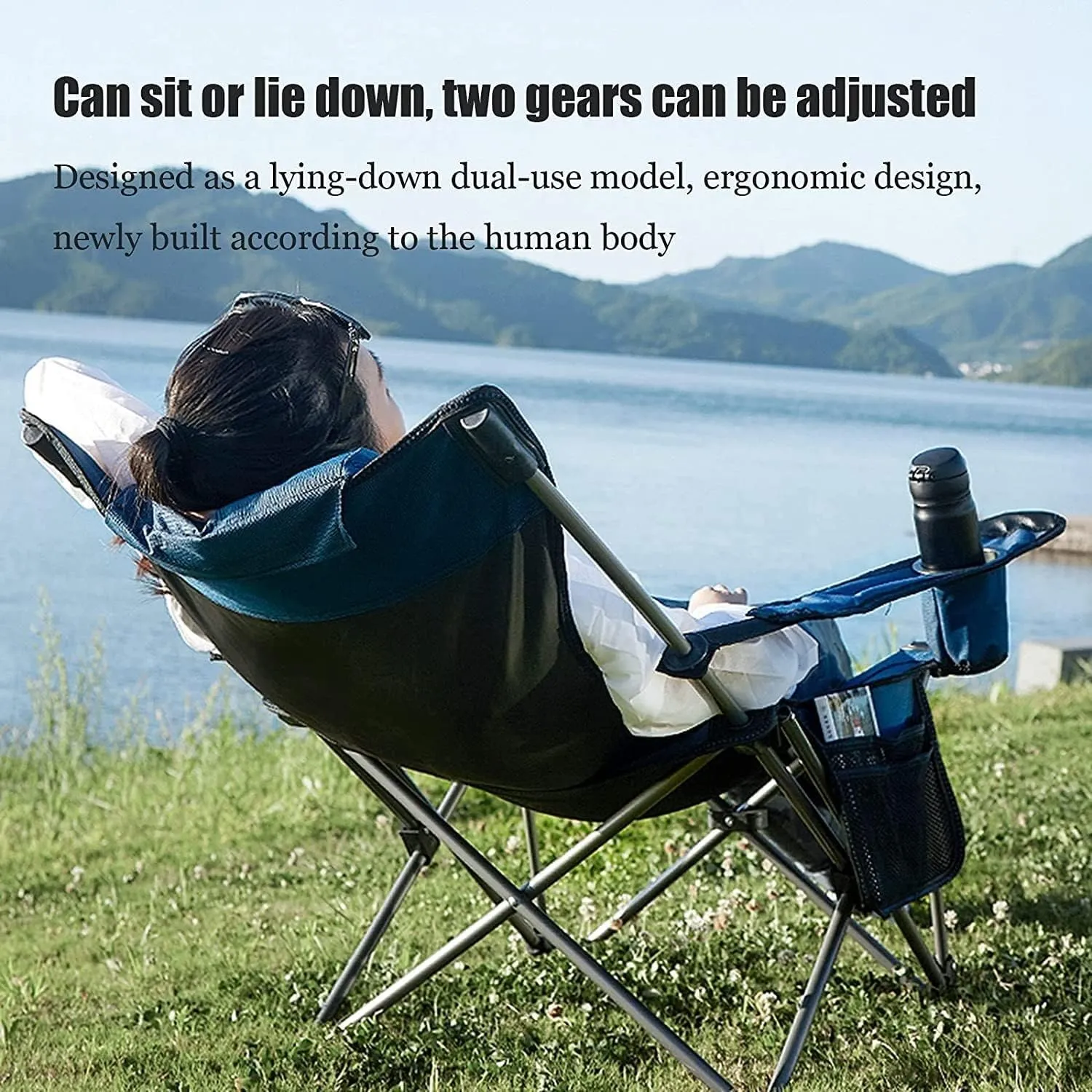 Lightweight Camping Chair Outdoor Folding Chair Portable Lawn Folding Seat Armchair with Cup Holder Pillow and Carry Bag Leisure Recliner Stool Outdoor Hiking (Color : Blue)