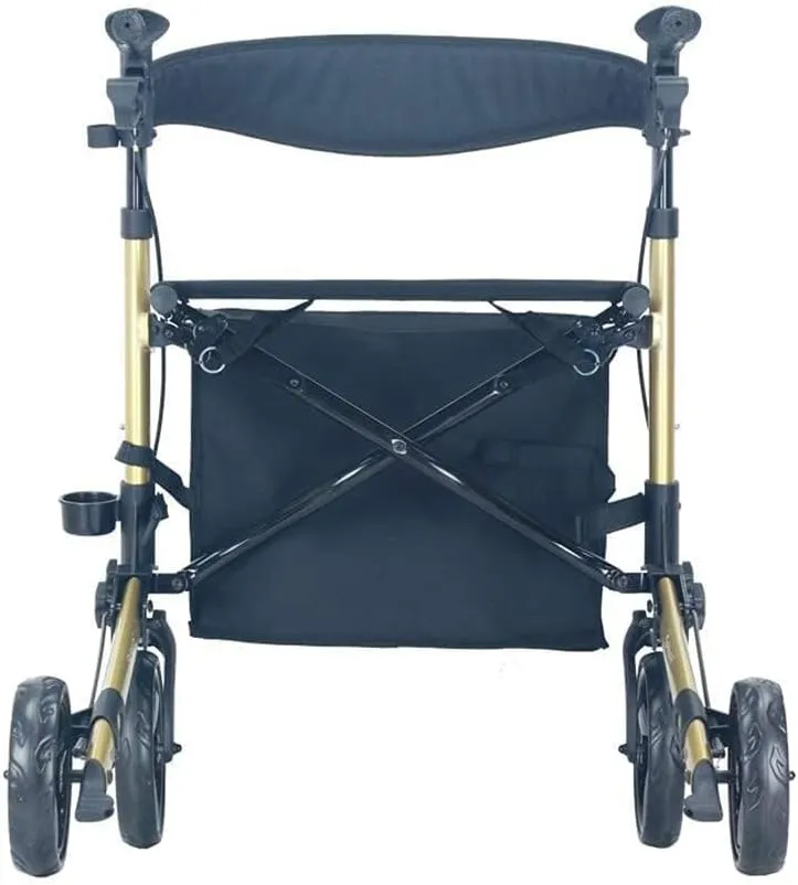 Lightweight Travel Walker Folding Rollator with Seat, Transport Chair, Dual Brake, Adjustable Height, 4 Wheels Mobility Aid(Gold)