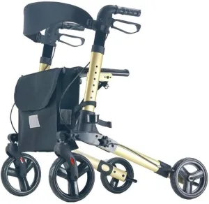 Lightweight Travel Walker Folding Rollator with Seat, Transport Chair, Dual Brake, Adjustable Height, 4 Wheels Mobility Aid(Gold)