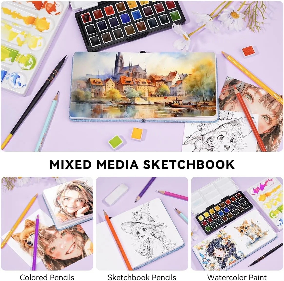 Lightwish Square Watercolor Journal,100% Cotton,300gsm/140lb,Acid-Free,24 Sheets Cold Press Watecolor Sketchbook for Artists Adults Students,4.7 * 4.7 Inches(Blue)